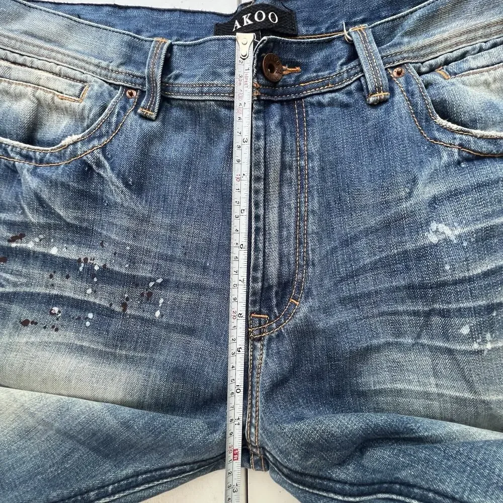 AKOO Jeans Mens 40/34 Blue Paint Splatter Distressed No Rivals Patch Big Oak Fit